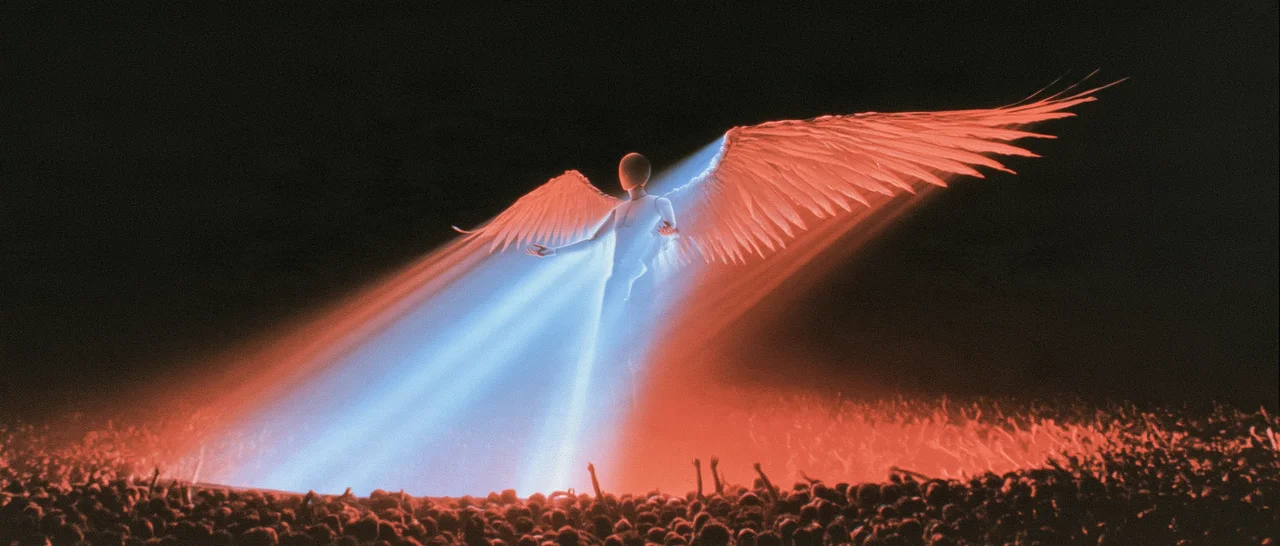 A winged figure rising above the crowd.