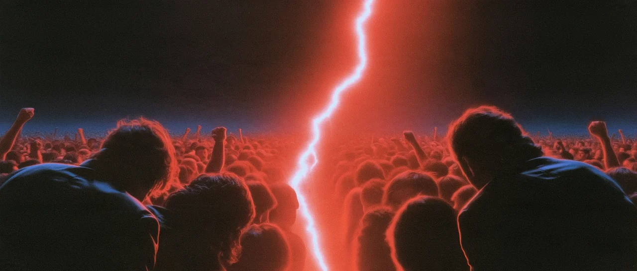 A crowd split by a red lightning bolt.